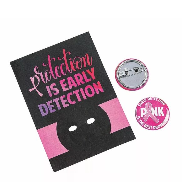 12 Pink Ribbon Early Detection Breast Cancer Awareness Mini Buttons on Card - Picture 3 of 3